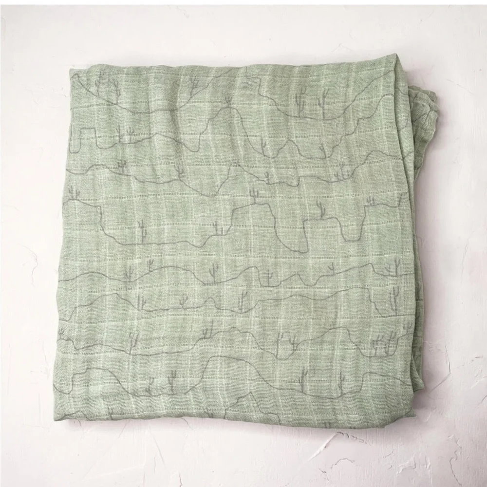 Little Unicorn Soft Cotton Muslin Blanket Swaddle Sage Green with Cactus Print‎